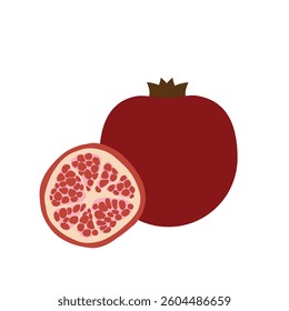 Flat illustration of whole pomegranate and sliced half with red seeds on white background for design use