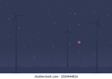 Flat illustration of wind turbines at night. Future of energy technologies.  100 percent scalable vector image. Background ready.