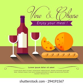 Flat illustration wine bottle with cheese and grapes. Tasting guide. Menu or wine list. Romantic dinner.
