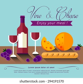 Flat illustration wine bottle with cheese and grapes. Tasting guide. Menu or wine list. Romantic dinner.