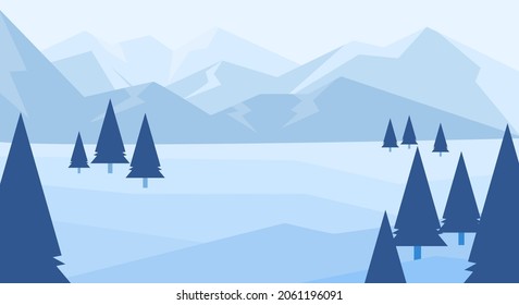 Flat illustration of winter landscape snowing on trees and mountains, alpine landscape illustration, winter day, trees on snow slope winter weather