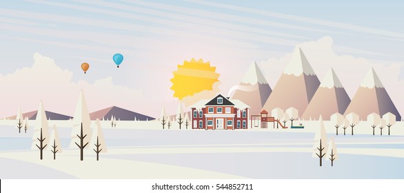 Flat illustration of winter landscape, Vector Design,