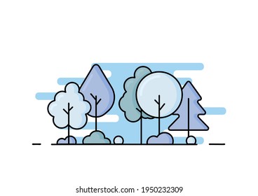 Flat illustration of winter park or forest. Bright icon of colorful winter trees.