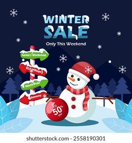 Flat illustration winter sale up to 50 percent with cute snowman