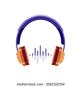 Flat illustration of wireless headphones on white background. Bright blue design with orange overlays. Idea for print on clothes, packing, poster, sticker, web design and so on.