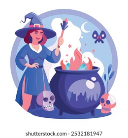 A flat illustration of witch cauldron