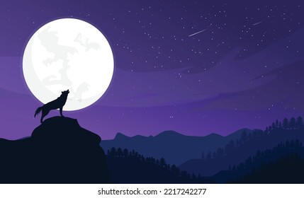 Flat Illustration eines abends wütenden Wolfs mit Blick auf den Berg