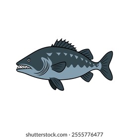 Flat illustration of a wolffish with dark blue-gray body, rugged shape, sharp teeth, minimalistic design, clean background