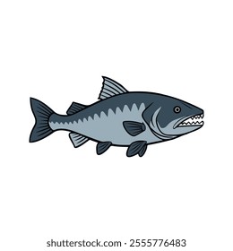 Flat illustration of a wolffish with dark blue-gray body, rugged shape, sharp teeth, minimalistic design, clean background