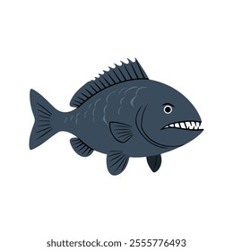 Flat illustration of a wolffish with dark blue-gray body, rugged shape, sharp teeth, minimalistic design, clean background