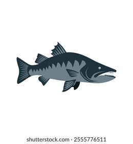 Flat illustration of a wolffish with dark blue-gray body, rugged shape, sharp teeth, minimalistic design, clean background