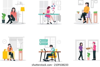 flat illustration woman activity set pack bundle