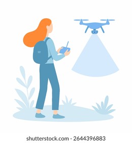 Flat Illustration Woman with Backpack Controlling a Flying Drone Technology