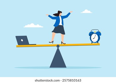 Flat illustration of woman balance on seesaw between laptop and personal time symbolizing work life balance