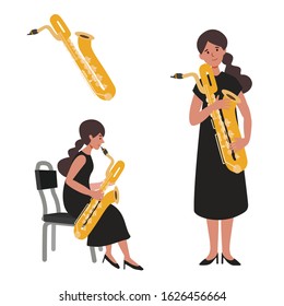 A Flat Illustration Of Woman Baritone Saxophone Player Isolated On White Background. Vector Illustration.