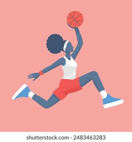 Flat illustration of a woman basketball player in mid-air, about to slam dunk