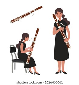 A flat illustration of woman bassoon player isolated on white background. Vector illustration.