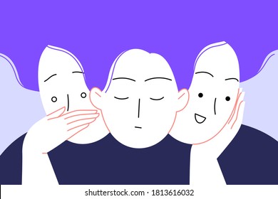 Flat illustration of a woman with bipolar disorder or borderline personality disorder. Three faces: anxios, neutral and joyful. Emotional dualism