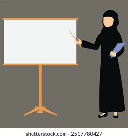 Uma ilustração plana de uma mulher em uma abaia negra está sendo apresentada em um quadro branco, em pé, em um ambiente de sala de aula. Ela está segurando um ponteiro e parece estar explicando algo para um público.