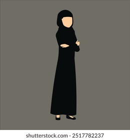 A flat illustration of a woman in a black abaya stands with her arms crossed