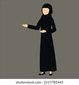 A flat illustration of a woman in a black abaya and headscarf is standing with her hand outstretched inviting you to join her