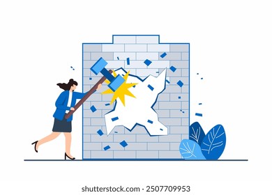Flat illustration of woman breaking through wall with sledgehammer symbolizing overcoming barriers to new opportunities