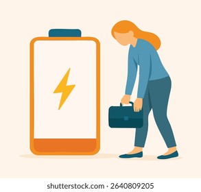 Flat Illustration Woman with Briefcase Next to Battery Symbol for Energy Concept