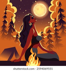 Flat illustration of a woman camping in the forest near bonfire and a tent. Female near camp fire under moonlight and magic clouds.