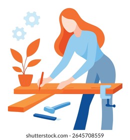 Flat Illustration Woman Carpenter Working on Wood Planks Crafting Project