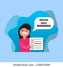 flat illustration of a woman carrying a note that reads a message that means that she wants the person who sees it to check the message or inbox