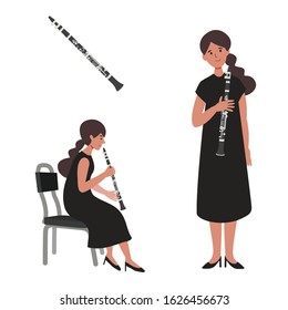 A flat illustration of woman clarinet player isolated on white background. Vector illustration.