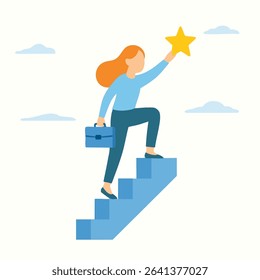 Flat Illustration Woman Climbing Staircase Towards a Star Concept Icon