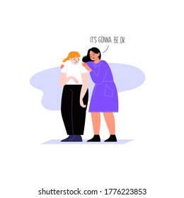 Flat illustration of a woman comforting her friend telling her that it's gonna be ok. Psychological support concept