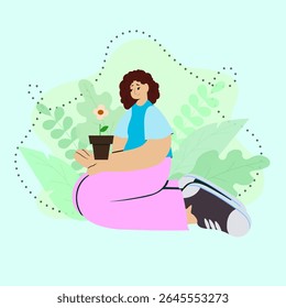 Flat illustration of a woman with curly hair kneeling with a potted flower. Surrounded by abstract green leaves and soft shapes. Pastel tones and modern cartoon style.
