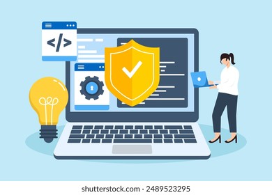 Flat illustration of woman developing secure software with security shield and programming code