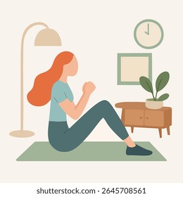 Flat Illustration of Woman Doing Abdominal Exercise Indoor in Living Room