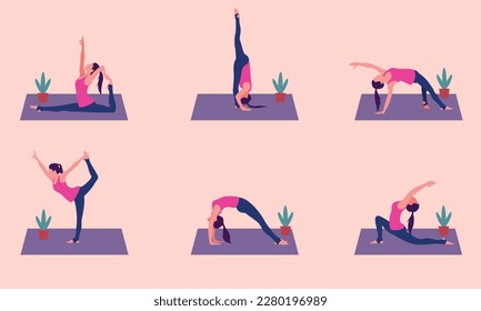 ilustración plana de una mujer haciendo una pose de yoga diferente