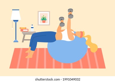 Flat illustration of a woman doing exercise at home. A female in sports wear laying on a pilates ball doing dumbbell workout at home