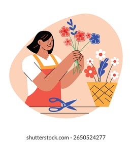 A flat illustration of a woman doing floral arrangement