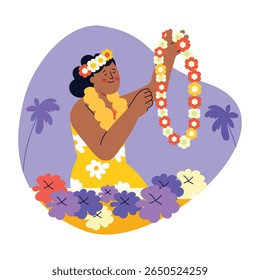 A flat illustration of a woman doing lei fashion