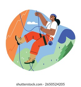 Uma ilustração plana de uma mulher fazendo escalada