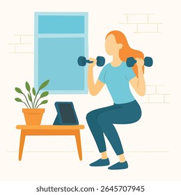 Flat Illustration of Woman Doing Squats with Dumbbells Exercise at Home