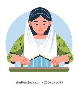 A flat illustration of a woman doing traditional knitting with wool 