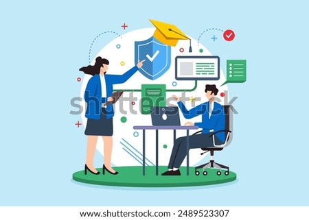 Flat illustration of woman educating man on cybersecurity best practices for cyber hygiene