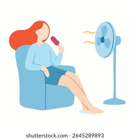Mulher da ilustração plana desfrutando de picolé e brisa fresca do ventilador em casa
