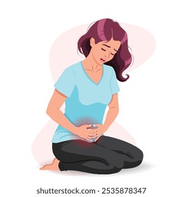 Uma ilustração plana de uma mulher que passa por dolorosas menstruações, segurando seu abdômen, retratando cólicas menstruais em um fundo branco.