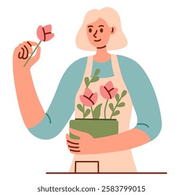 Flat illustration of a woman florist holding a potted plant with blooming flowers while examining a single flower. Ideal for themes related to gardening, floristry, plant care, nature.