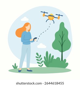 Flat Illustration of Woman Flying Drone Outdoors on a Sunny Day
