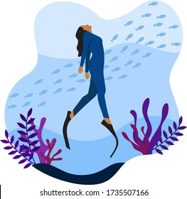 Flat illustration of a woman free diving in the blue sea