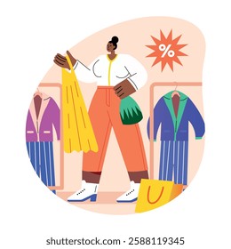 A flat illustration of a woman getting clothing discount 